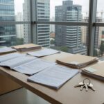 Contratos de co-corretagem imobiliária sobre mesa de escritório no Brasil