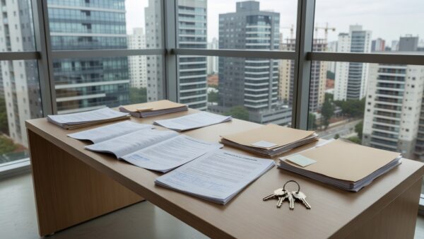 Contratos de co-corretagem imobiliária sobre mesa de escritório no Brasil