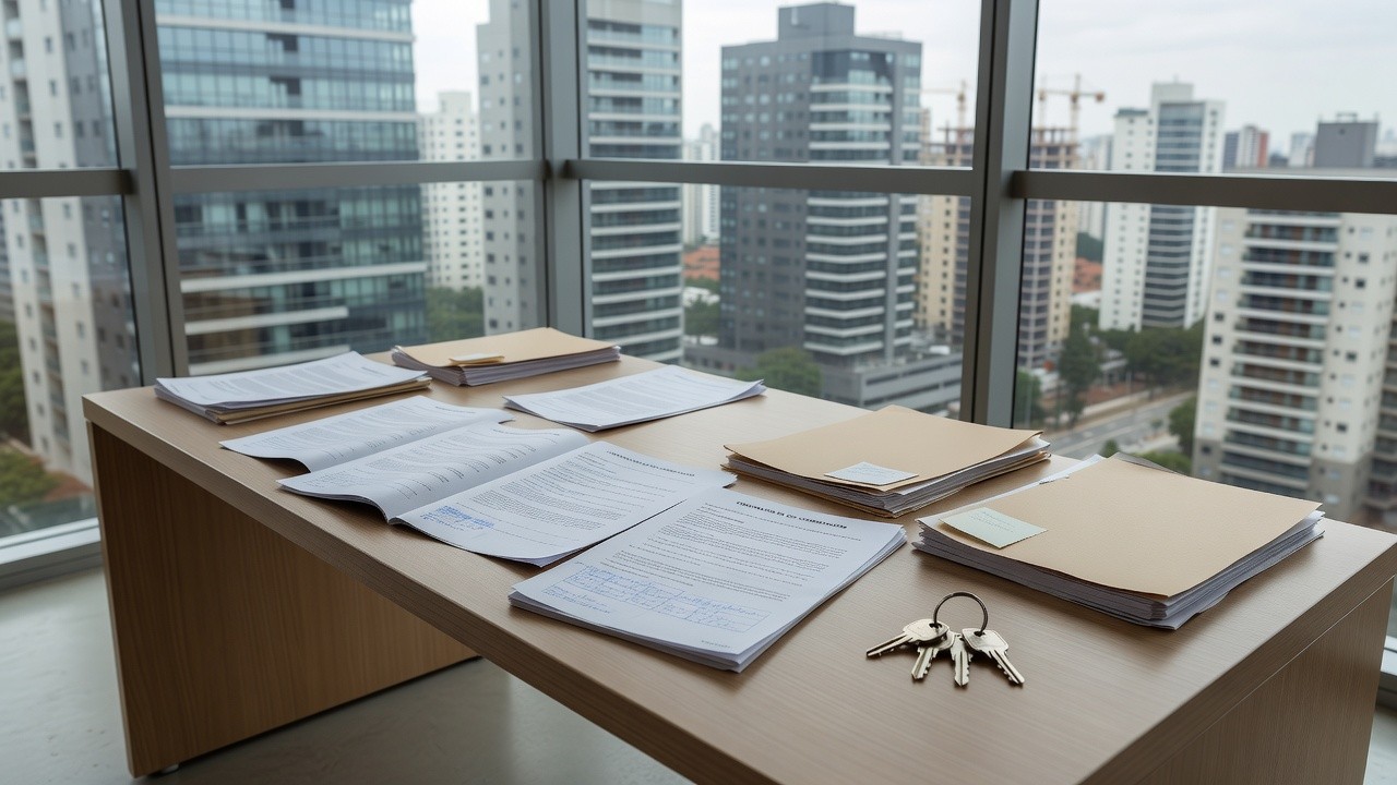 Contratos de co-corretagem imobiliária sobre mesa de escritório no Brasil