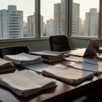 Escritório imobiliário com contratos e propostas sobre mesa no Brasil