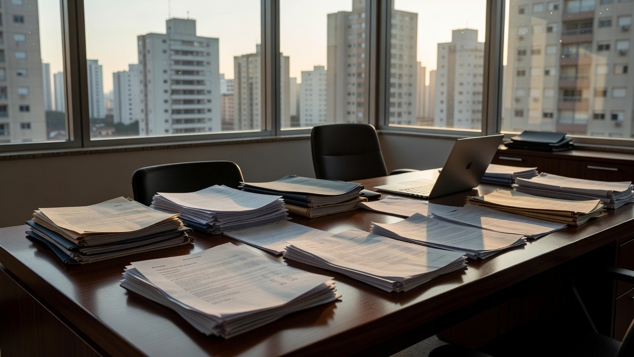Escritório imobiliário com contratos e propostas sobre mesa no Brasil