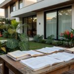 Casa brasileira com documentos imobiliários sobre mesa, simbolizando análise de exclusividade em vendas.