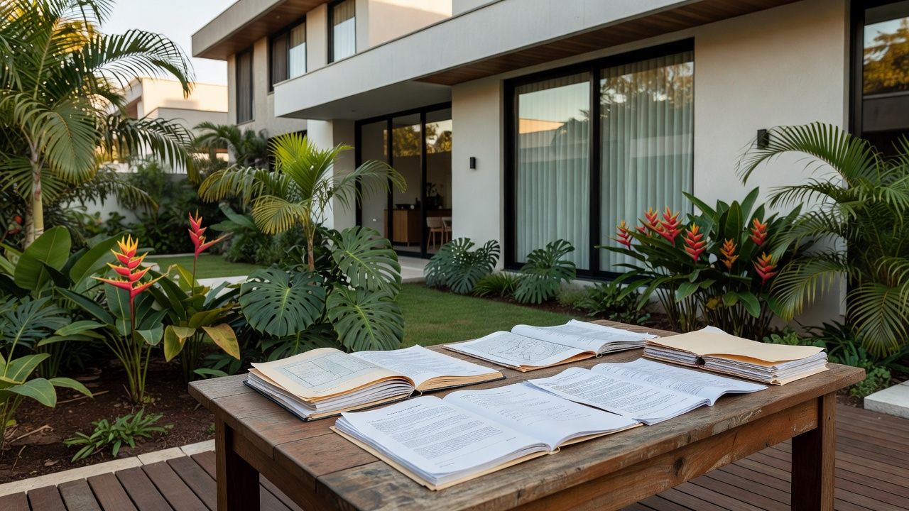 Casa brasileira com documentos imobiliários sobre mesa, simbolizando análise de exclusividade em vendas.