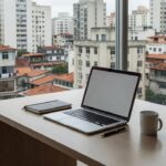 Notebook em mesa com vista para prédios residenciais, simbolizando reengajamento de leads frios no mercado imobiliário.