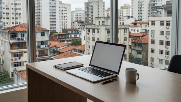 Notebook em mesa com vista para prédios residenciais, simbolizando reengajamento de leads frios no mercado imobiliário.