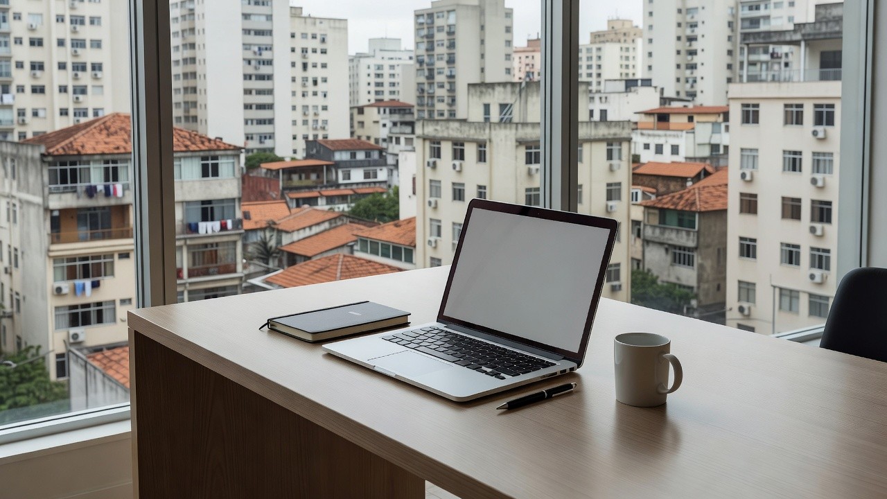 Notebook em mesa com vista para prédios residenciais, simbolizando reengajamento de leads frios no mercado imobiliário.