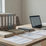 Mesa organizada com documentos e notebook para registro CRECI no mercado imobiliário