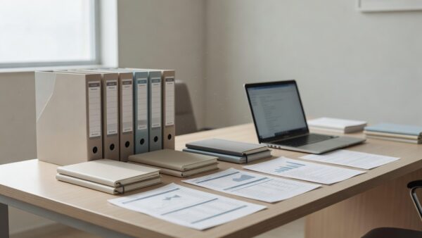 Mesa organizada com documentos e notebook para registro CRECI no mercado imobiliário