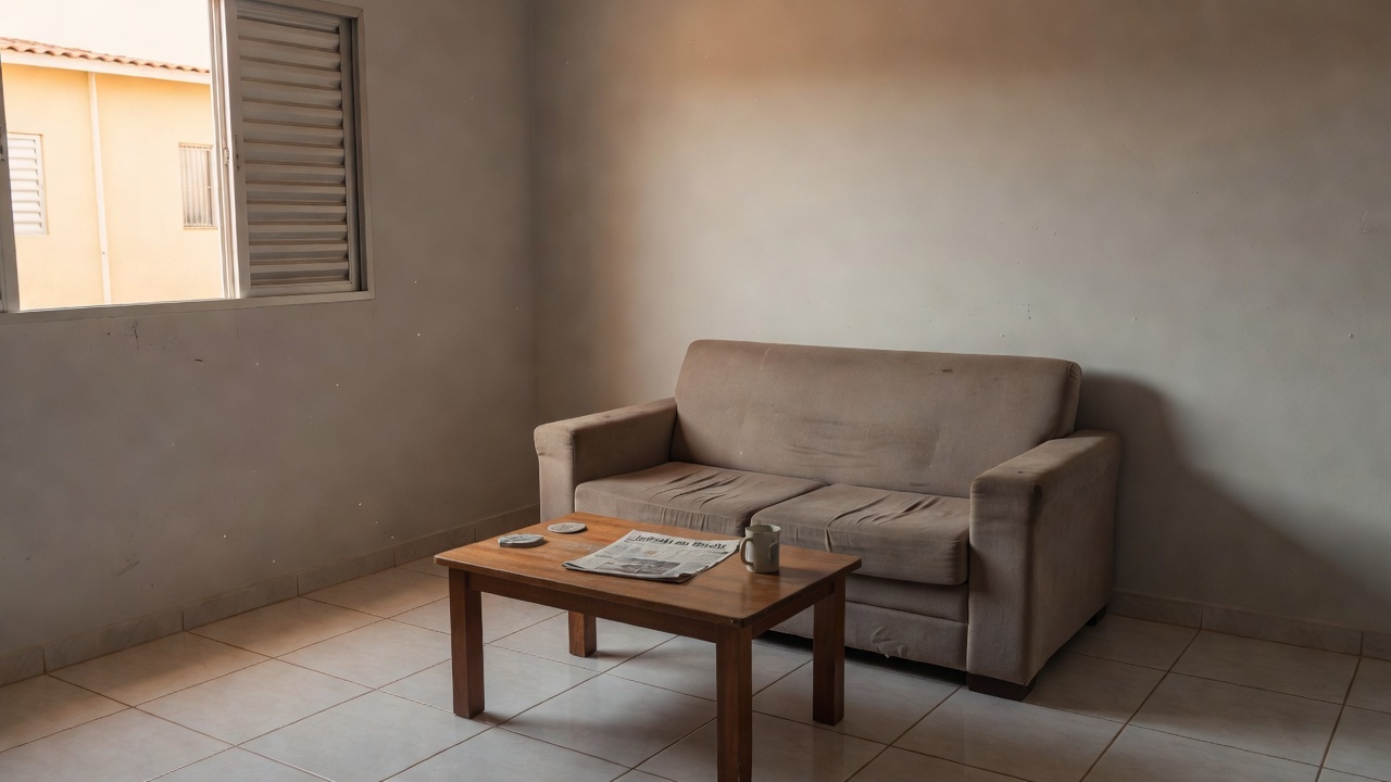 Sala de casa brasileira vazia em visita de captação imobiliária