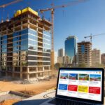 Complexo residencial em lançamento no Brasil com alertas imobiliários em notebook