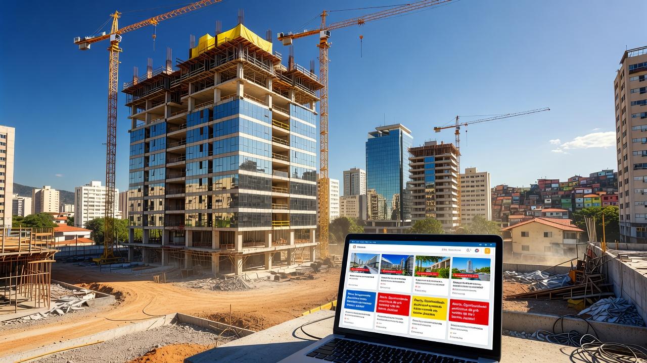 Complexo residencial em lançamento no Brasil com alertas imobiliários em notebook
