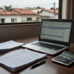 Planilha imobiliária em notebook sobre mesa de escritório com documentos de venda