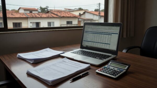 Planilha imobiliária em notebook sobre mesa de escritório com documentos de venda