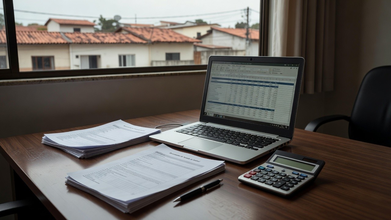 Planilha imobiliária em notebook sobre mesa de escritório com documentos de venda