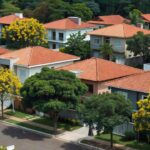 Bairro residencial brasileiro com casas modernas no mercado imobiliário