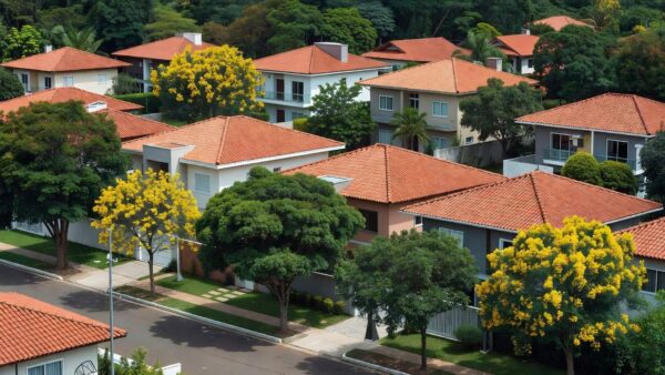 Bairro residencial brasileiro com casas modernas no mercado imobiliário