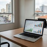 Notebook com gráficos de custo e resultado por portal imobiliário em mesa de escritório