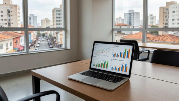 Notebook com gráficos de custo e resultado por portal imobiliário em mesa de escritório