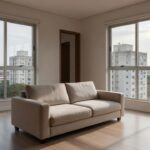 Interior de apartamento brasileiro durante visita imobiliária para captação de clientes