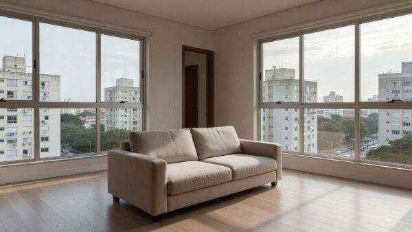 Interior de apartamento brasileiro durante visita imobiliária para captação de clientes