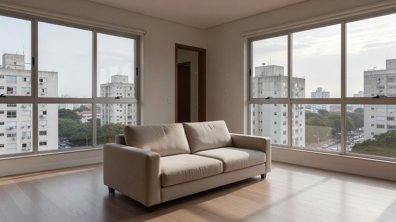 Interior de apartamento brasileiro durante visita imobiliária para captação de clientes