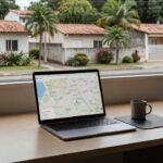 Laptop em escritório imobiliário brasileiro mostrando mapa de imóveis locais