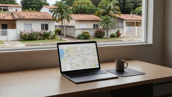 Laptop em escritório imobiliário brasileiro mostrando mapa de imóveis locais