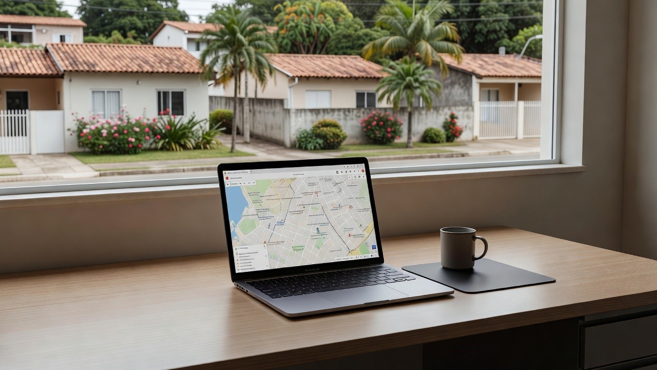 Laptop em escritório imobiliário brasileiro mostrando mapa de imóveis locais