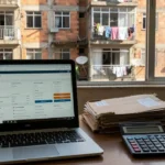 Laptop com sistema CRM imobiliário e vista de prédio residencial brasileiro