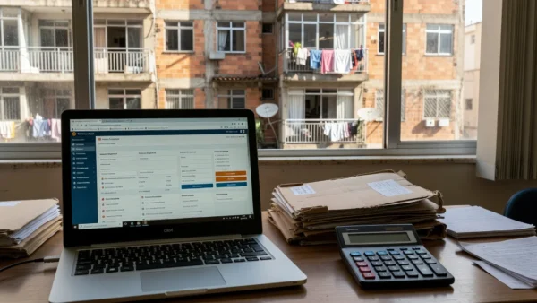 Laptop com sistema CRM imobiliário e vista de prédio residencial brasileiro