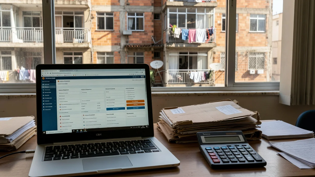 Laptop com sistema CRM imobiliário e vista de prédio residencial brasileiro