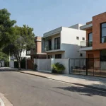 Rua residencial brasileira com casas representando captação de imóveis no mercado imobiliário