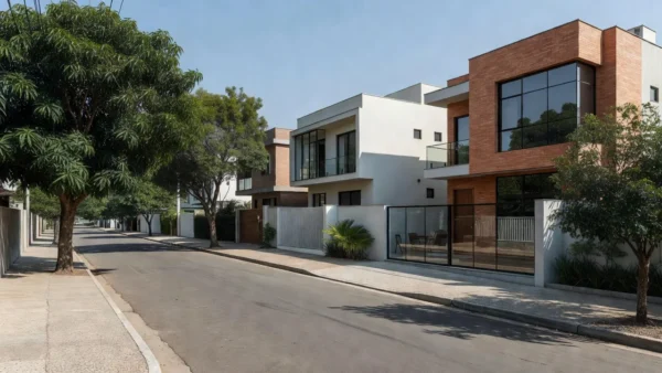 Rua residencial brasileira com casas representando captação de imóveis no mercado imobiliário