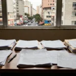 Documentos de co-corretagem interestadual em mesa de escritório imobiliário brasileiro