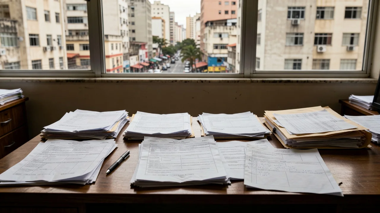 Documentos de co-corretagem interestadual em mesa de escritório imobiliário brasileiro