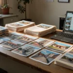 Mesa com documentos e fotos de imóveis residenciais brasileiros para revisão de carteira imobiliária