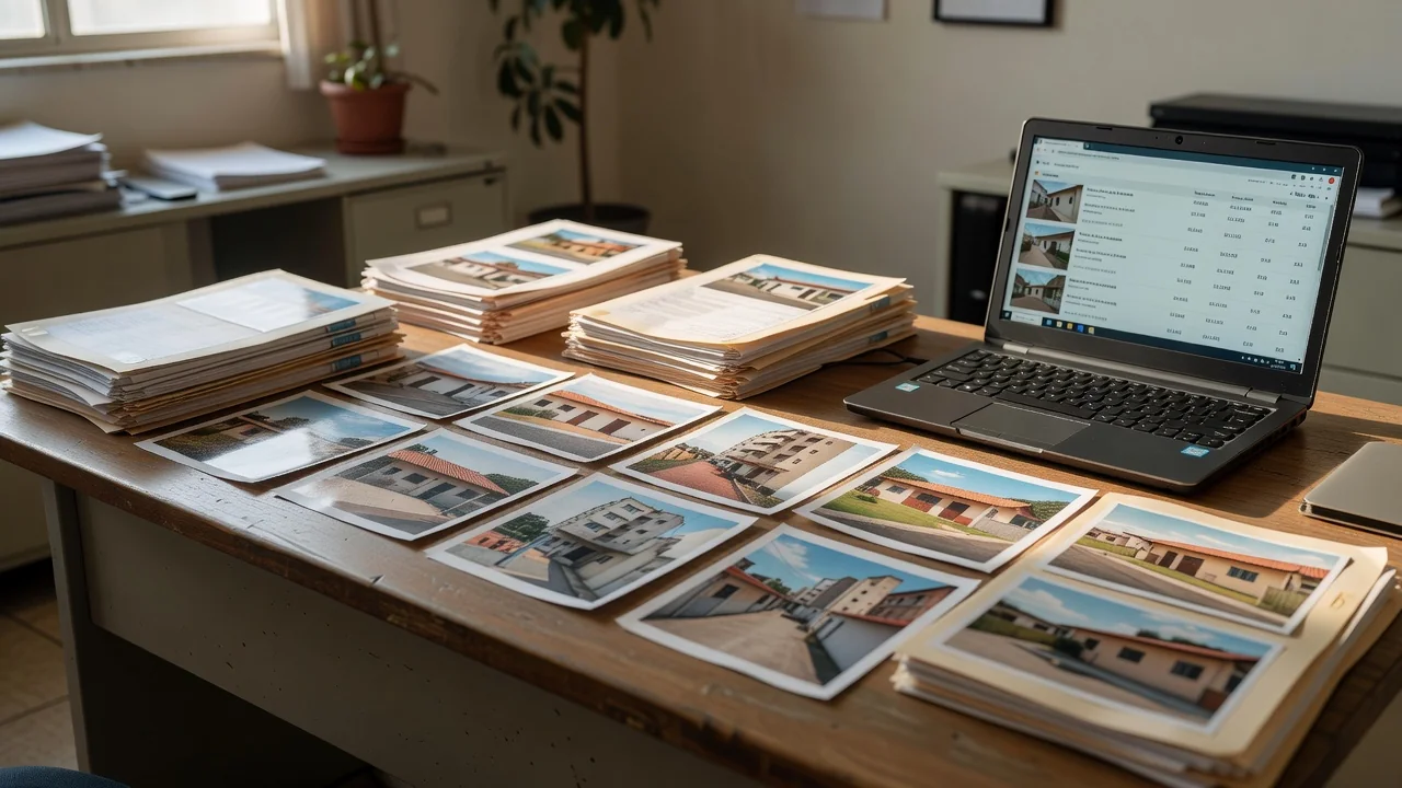 Mesa com documentos e fotos de imóveis residenciais brasileiros para revisão de carteira imobiliária
