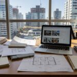 Mesa de escritório imobiliário com laptop e materiais de planejamento de conteúdo para vendas