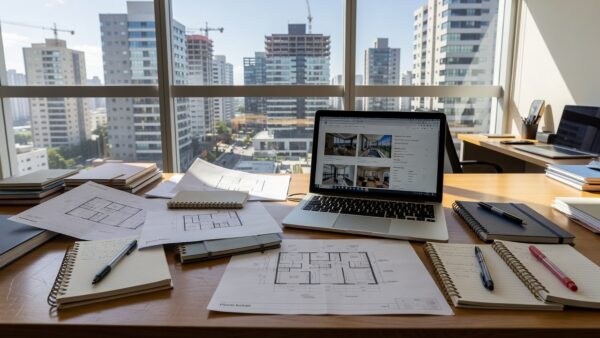 Mesa de escritório imobiliário com laptop e materiais de planejamento de conteúdo para vendas