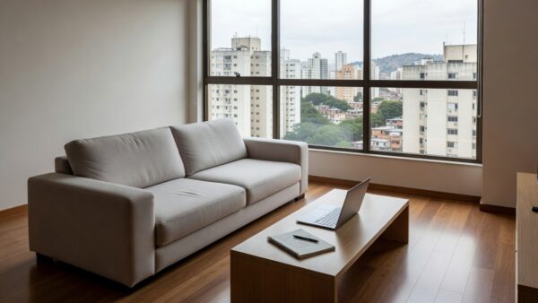 Apartamento moderno em São Paulo com notebook, representando descrições de imóveis para geração de leads.