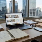 Mesa de trabalho com laptop e documentos em escritório imobiliário no Brasil