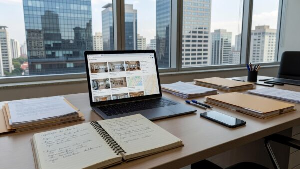 Mesa de trabalho com laptop e documentos em escritório imobiliário no Brasil