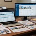 Mesa com planilha e CRM imobiliário em escritório no Brasil
