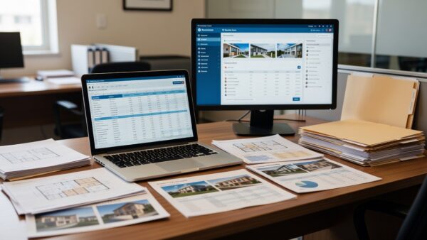 Mesa com planilha e CRM imobiliário em escritório no Brasil