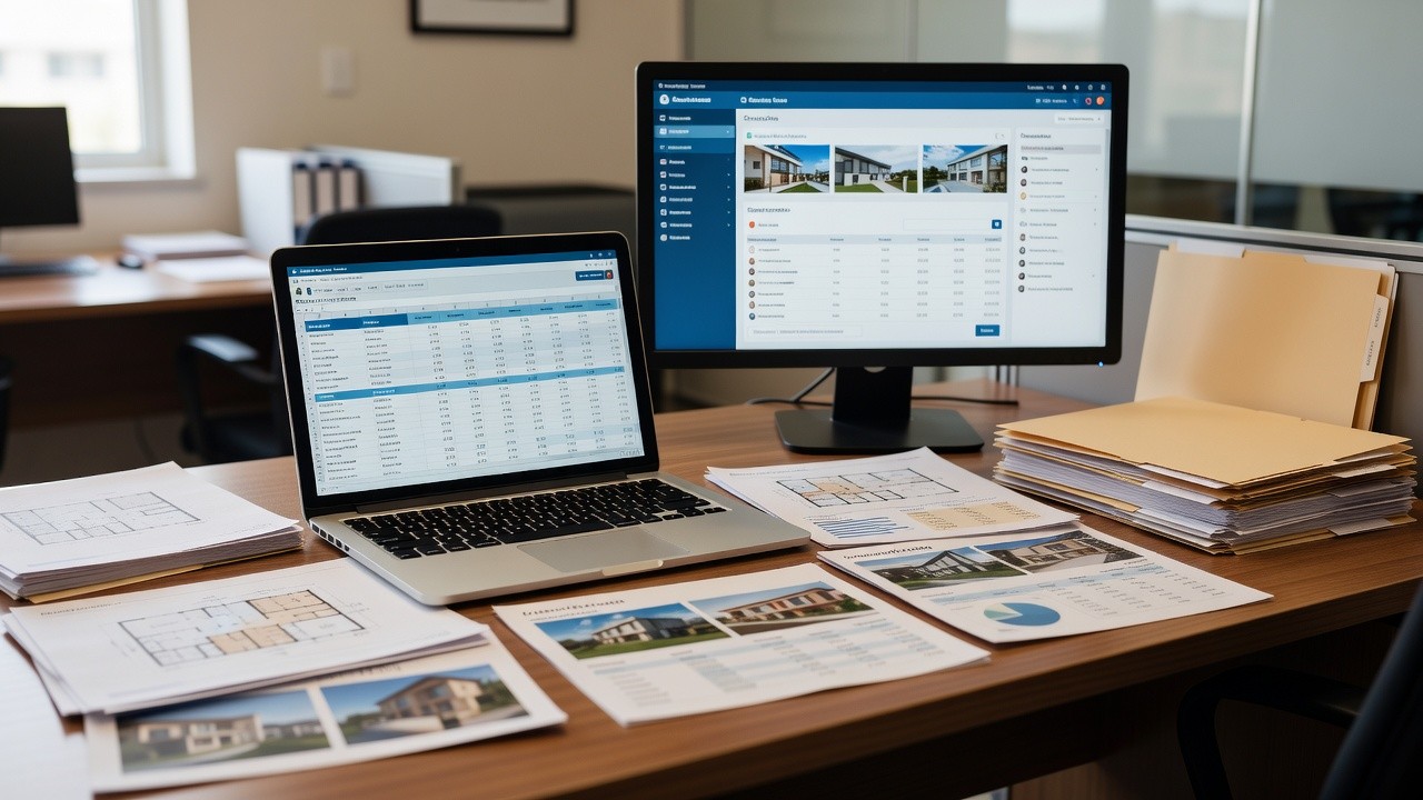 Mesa com planilha e CRM imobiliário em escritório no Brasil