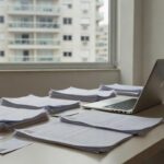 Mesa de imobiliária brasileira com documentos para qualificação de leads imobiliários