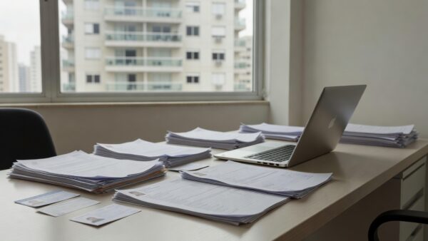 Mesa de imobiliária brasileira com documentos para qualificação de leads imobiliários