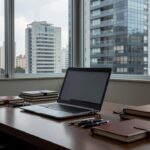 Mesa de escritório imobiliário com laptop e vista para prédios residenciais no Brasil