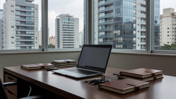 Mesa de escritório imobiliário com laptop e vista para prédios residenciais no Brasil