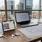 Mesa com smartphone e notebook para marca pessoal de corretor no Instagram e WhatsApp